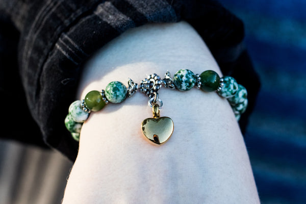 Healing Bracelet with Heart Keepsake Urn Charm Silver / Tree Agate and Jade